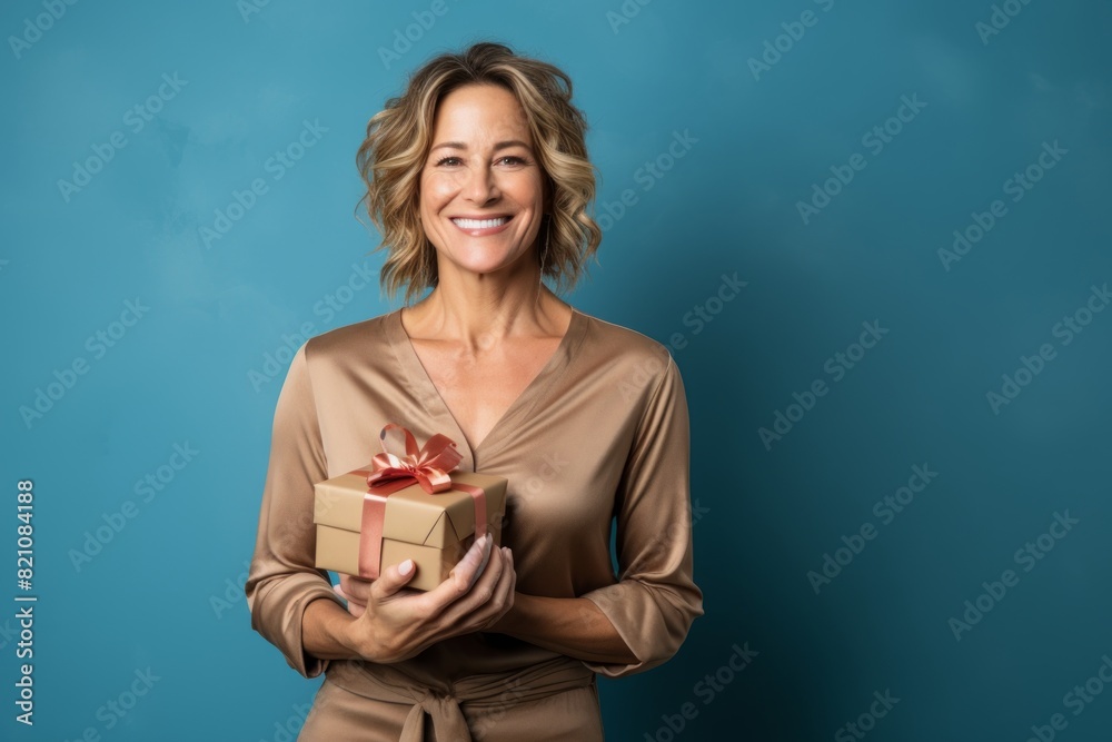 Portrait of a happy woman in her 40s holding a gift on solid color backdrop Portrait of a happy woman in her 40s holding a gift on solid color backdrop