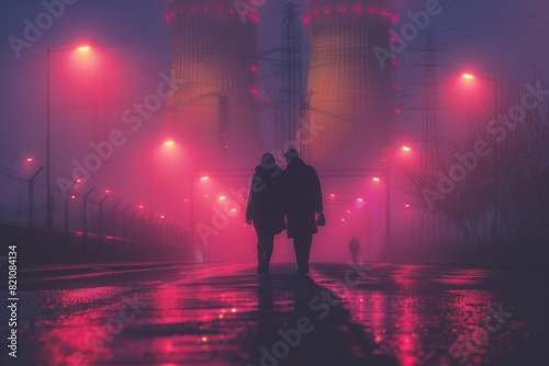 Gritty noir scene two figures walk along wet street, looming cooling towers shrouded in fog, pink and yellow hues illuminate. © chakrapong