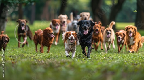 Symphony of Paws: Energetic Dogs Racing Across Verdant Fields