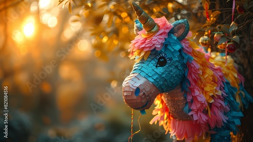 A colorful pi   -ata shaped like a unicorn hanging from a tree  ready to be smashed open by eager party guests