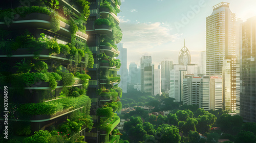 Vertical farming skyscrapers in urban setting  Futuristic architecture and sustainable agriculture blend in photo realistic concept
