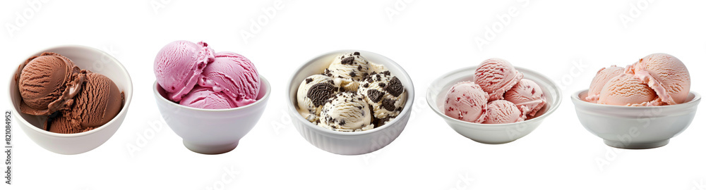 Set of various flavor ice creams scoops in white bowl isolated on background, dessert sweet scoop of chocolate, strawberry, and chocolate chip. Set of various flavor ice creams scoops in white bowl isolated on background, dessert sweet scoop of chocolate, strawberry, and chocolate chip.