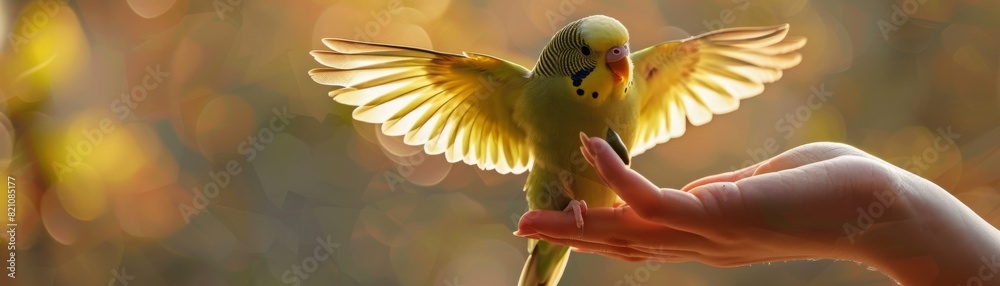 Tiny parakeet reaching eagerly for seed on fingertip, standing out against neutral backdrop. Tiny parakeet reaching eagerly for seed on fingertip, standing out against neutral backdrop.