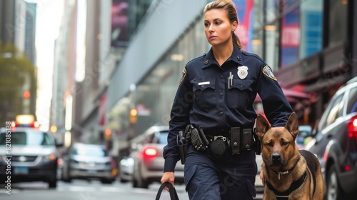 Policewoman in uniform walking a police dog on a leash down a bustling city street