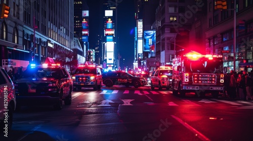 Police cars and fire trucks with sirens blaring parked in the city center photo