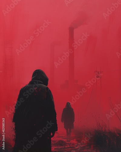 Figures trudge on foggy road with nuclear towers. Palette blends raspberry pink, cobblestone gray, and clay.