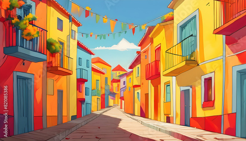 Colours between orange, red, yellow Colorful hanging houses on city on Generative AI. © Watercolor_Concept