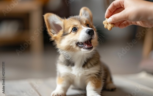 Adorable corgi puppy on hind legs eagerly reaching for a treat from a hand, bathed in vibrant colors of yellow, green, and blue.