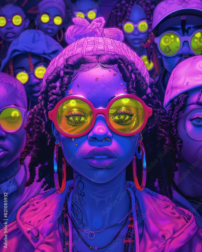 Fototapeta premium Colorful, modern cartoon characters with eclectic outfits and bold accessories, featuring disco purple, hot pink, lime, and slime green hues.