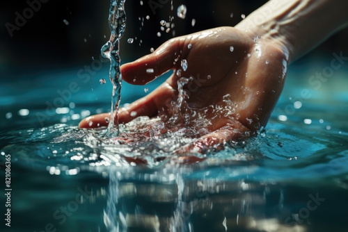 The hand that touches the blue water. The pool is clean and clear. with a drop of water  generative IA