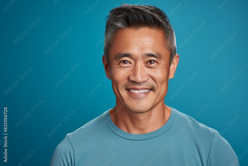 Portrait of a tender asian man in his 40s smiling at the camera on solid color backdrop Portrait of a tender asian man in his 40s smiling at the camera on solid color backdrop