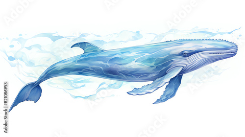 A beautiful watercolor painting of a blue whale swimming in the ocean