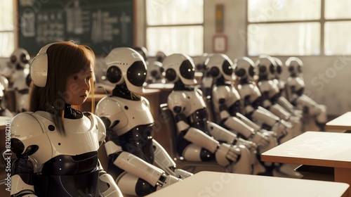 Wallpaper Mural A classroom where advanced robots with a sleek white design are seated at desks. Torontodigital.ca