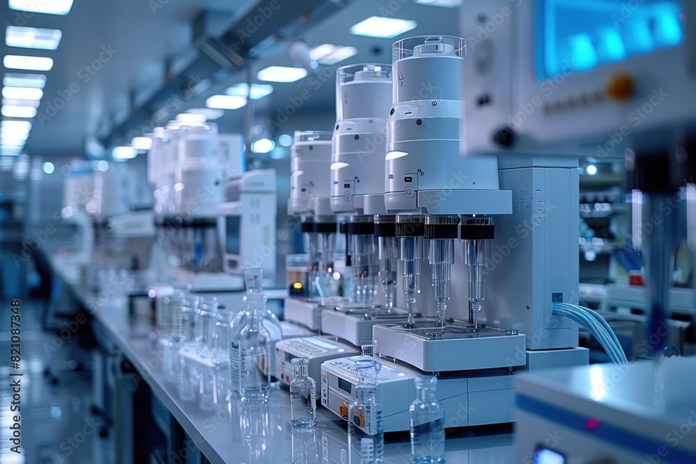 A lab counter filled with advanced diagnostic equipment A lab counter filled with advanced diagnostic equipment