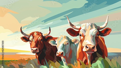 The painting features three cows standing together in a field, surrounded by nature. The landscape includes grassland with a cloudy sky above