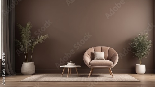 cozy home interior with minimalist chair furniture on brown background
