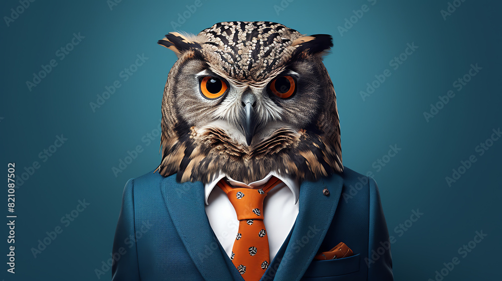 An owl wearing a suit and tie is looking at the camera with a serious expression. An owl wearing a suit and tie is looking at the camera with a serious expression.