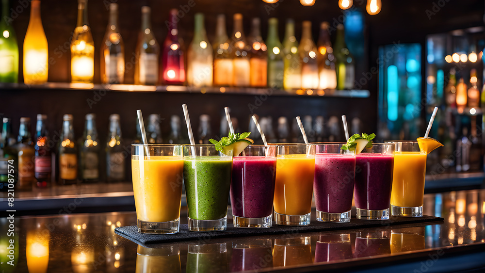 a row of colorful drinks with different flavors of different colors.