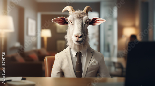 A goat wearing a suit and tie is sitting at a desk in an office. The goat is smiling and looking at the camera.