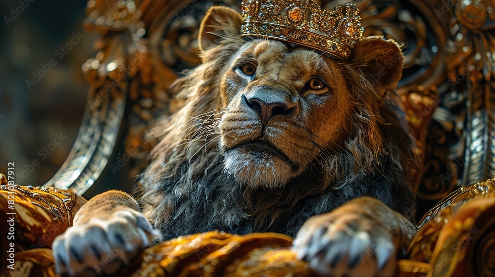 Φωτογραφία The charismatic lion king reigned majestically on his throne, adorned with a gleaming golden crown, exuding an aura of wisdom and strength