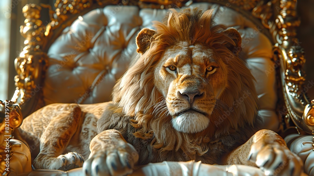 The charismatic lion king, perched majestically upon his golden throne, emanated an aura of regal authority and sagacious leadership..stock image The charismatic lion king, perched majestically upon his golden throne, emanated an aura of regal authority and sagacious leadership..stock image