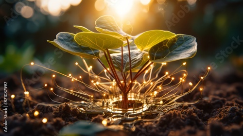 A small plant is emerging from the ground with beams of light radiating from it, creating a mystical and enchanting scene