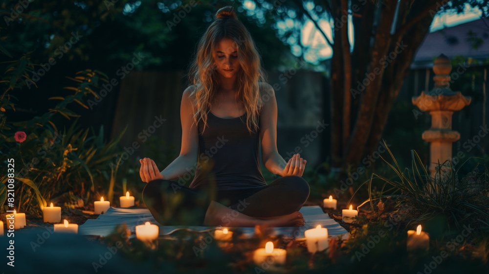 Woman meditating surrounded by candlelight in a serene garden at dusk