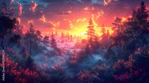 Breathtaking Sunset Over a Magical Forested Landscape Bathed in Ethereal Light
