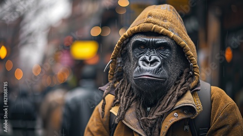 A personified gorilla, adorned with a hoodie and dreadlocks, roamed the urban streets of the downtown district, exuding a retro charm and charismatic demeanor..stock image photo