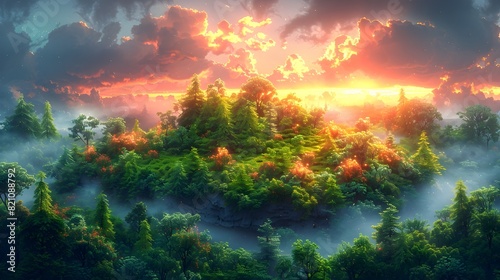 Captivating Panorama of a Vibrant Forest Landscape Awash in Magical Renaissance Inspired Tones at Golden Hour