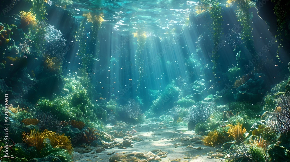 Obraz premium Ethereal Underwater Seascape of Mysterious Marine Life in Shimmering Kelp Forests with Sunlight Dappled Depths