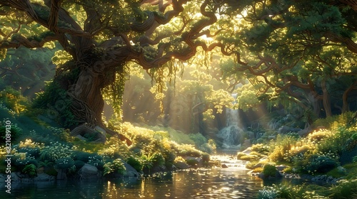 Timeless Tranquility A Lush Verdant Forest Bathed in Warm Golden Sunlight