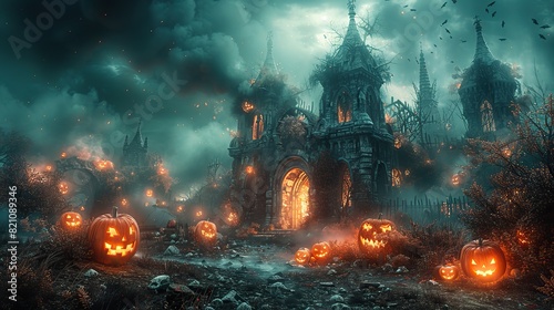 A sinister scene of eerie pumpkins casting an ominous glow within the mist-filled ruins of a forsaken church adorns the Halloween banner..stock photo