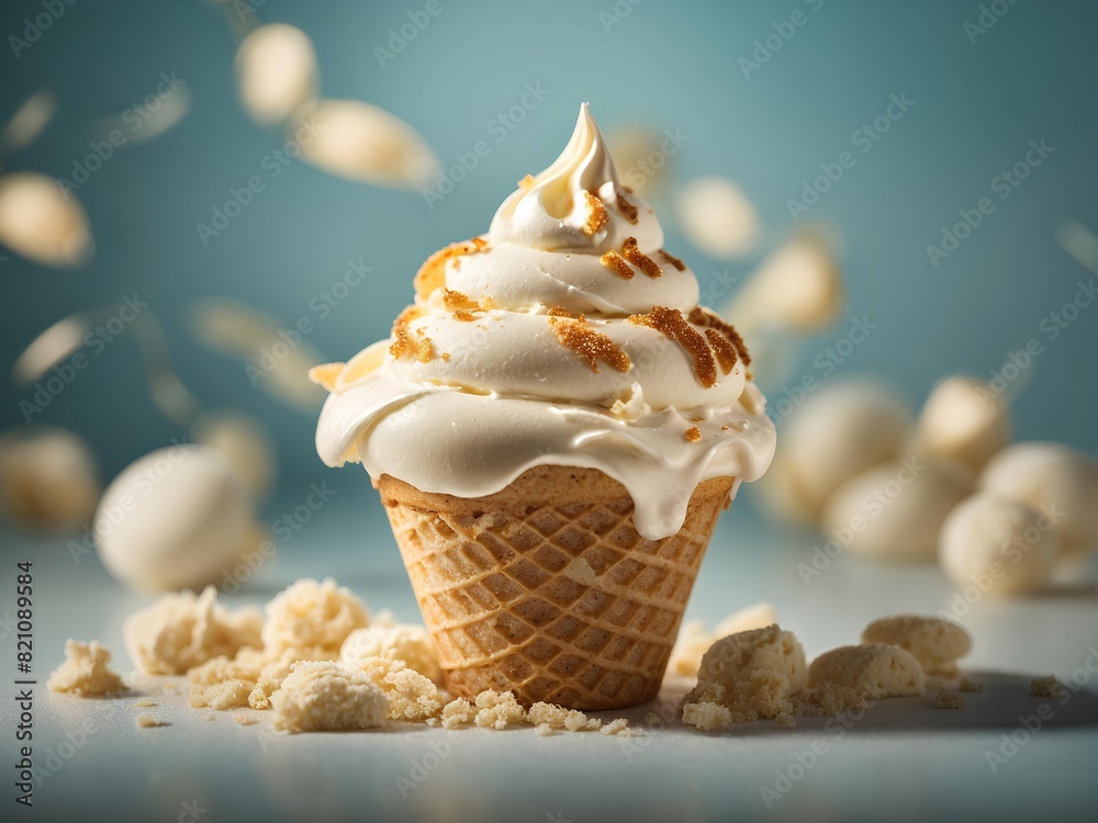 Vanilla gelato ice cream in waffle cone, cinematic food dessert photography, studio lighting & background Vanilla gelato ice cream in waffle cone, cinematic food dessert photography, studio lighting & background