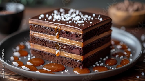 A decadent chocolate fudge cake with layers of rich chocolate ganache and salted caramel filling, topped with a drizzle of caramel sauce and sea salt flakes photo