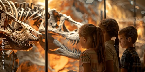 Kids visit a paleontology museum to see dinosaur skeletons and fossils. Concept Dinosaur Excitement, Paleontology Museum, Fossil Exploration, Kids Learning Adventure