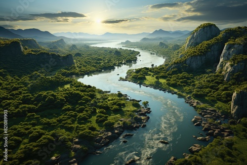 Aerial photo of a river surrounded by islands covered with vegetation under sunlight  generative IA