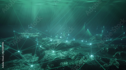 Underwater communication network visualized with light beams connecting subsea data stations in a bioluminescent ocean photo