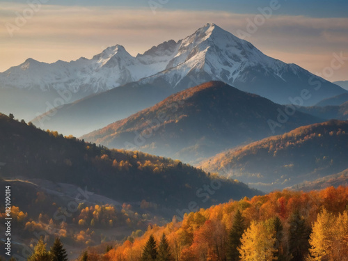 Peaceful autumn mountain panorama with soft lighting © xKas