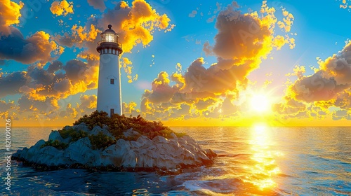 Stunning lighthouse on a rocky island with a vibrant sunset sky reflecting in the calm ocean water. photo