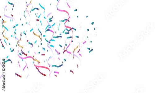 Luxury colorful sparkle confetti glitter and zigzag ribbon falling down on transparent background. Vector illustration.