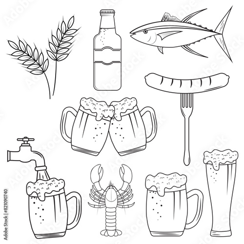 Beer glass, mug, bottle, snacks, wheat, fish, crayfish. Great for bar, pub, menu, oktoberfest. Black outline