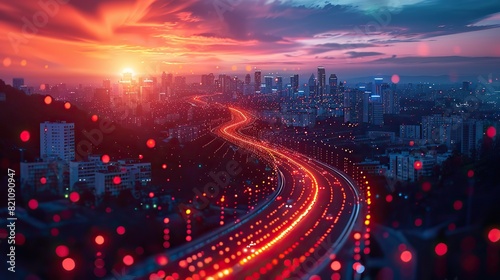 A blazing-fast global data superhighway courses through a futuristic tech metropolis under a night sky adorned with abstract patterns..illustration