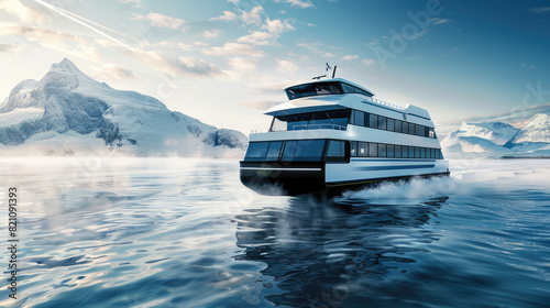 Hydrogen powered ferry gliding across a calm body of water, with a clear sky. Cutting edge technology and environmental benefits of zero emissions in maritime transport