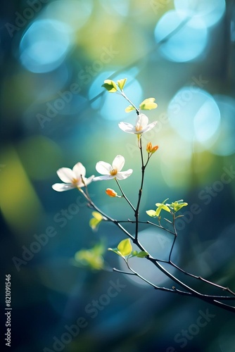 A tree branch with newly sprouted leaves, symbolizing growth and renewal selective focus, theme of springtime, vibrant, Double exposure, backdrop of a blooming garden. photo
