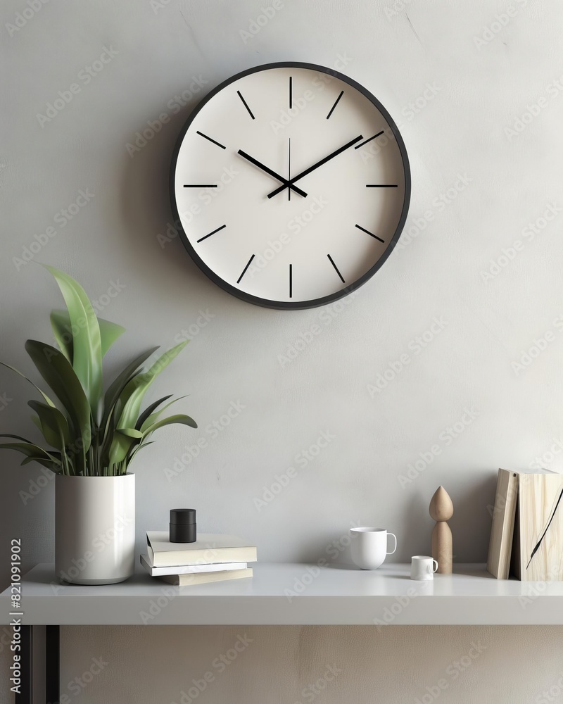 Blank wall clock face in a living room, focus on time management copy space, home decor, realistic, Multilayer, cozy living room.