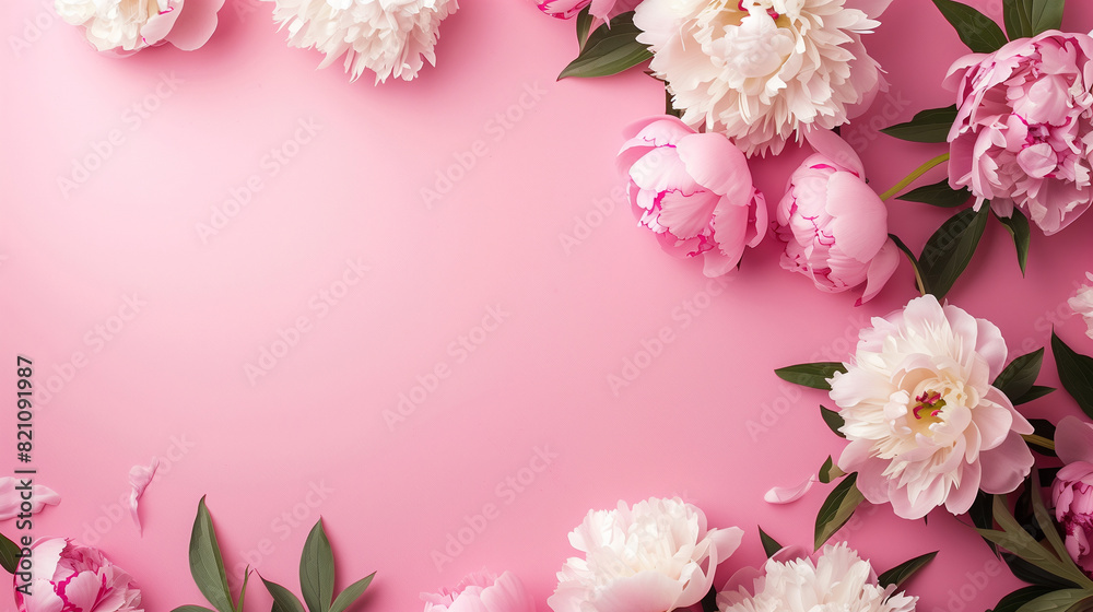 Frame made of beautiful peony flowers on pink background
