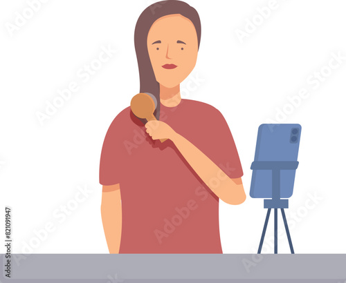 Flat illustration of a female podcaster speaking into microphone with recording equipment