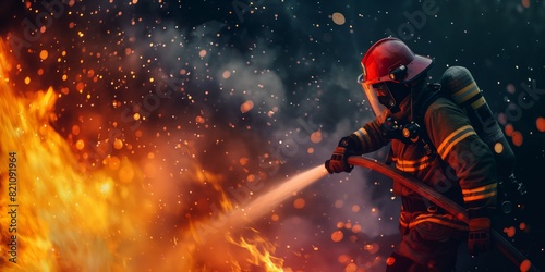 A firefighter in protective gear uses a high-pressure water hose to combat intense flames in a dynamic scene