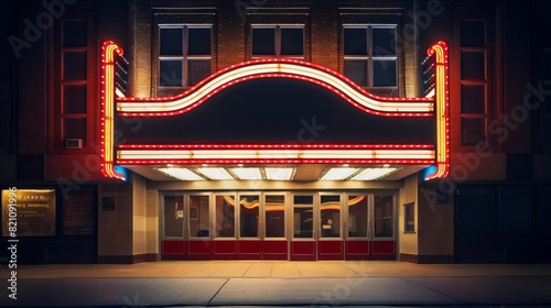 Empty theater marquee at night, illuminated by lights, highresolution, ready for custom movie title or event.